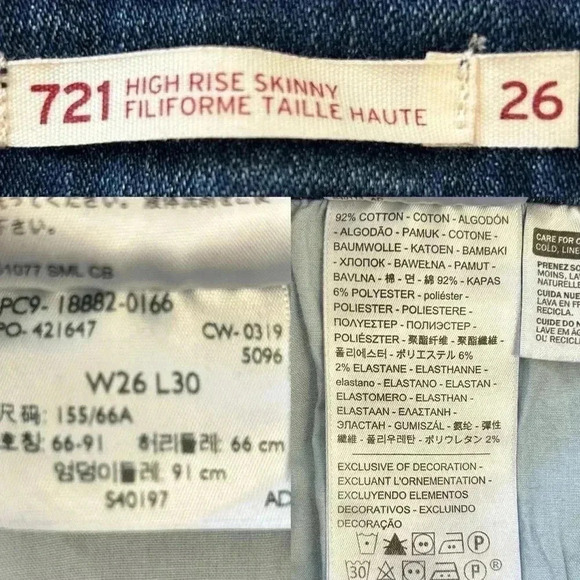 Levi’s 721 High Rise Skinny Jeans Distressed Dark Blue Denim Size 26 - Picture 12 of 16